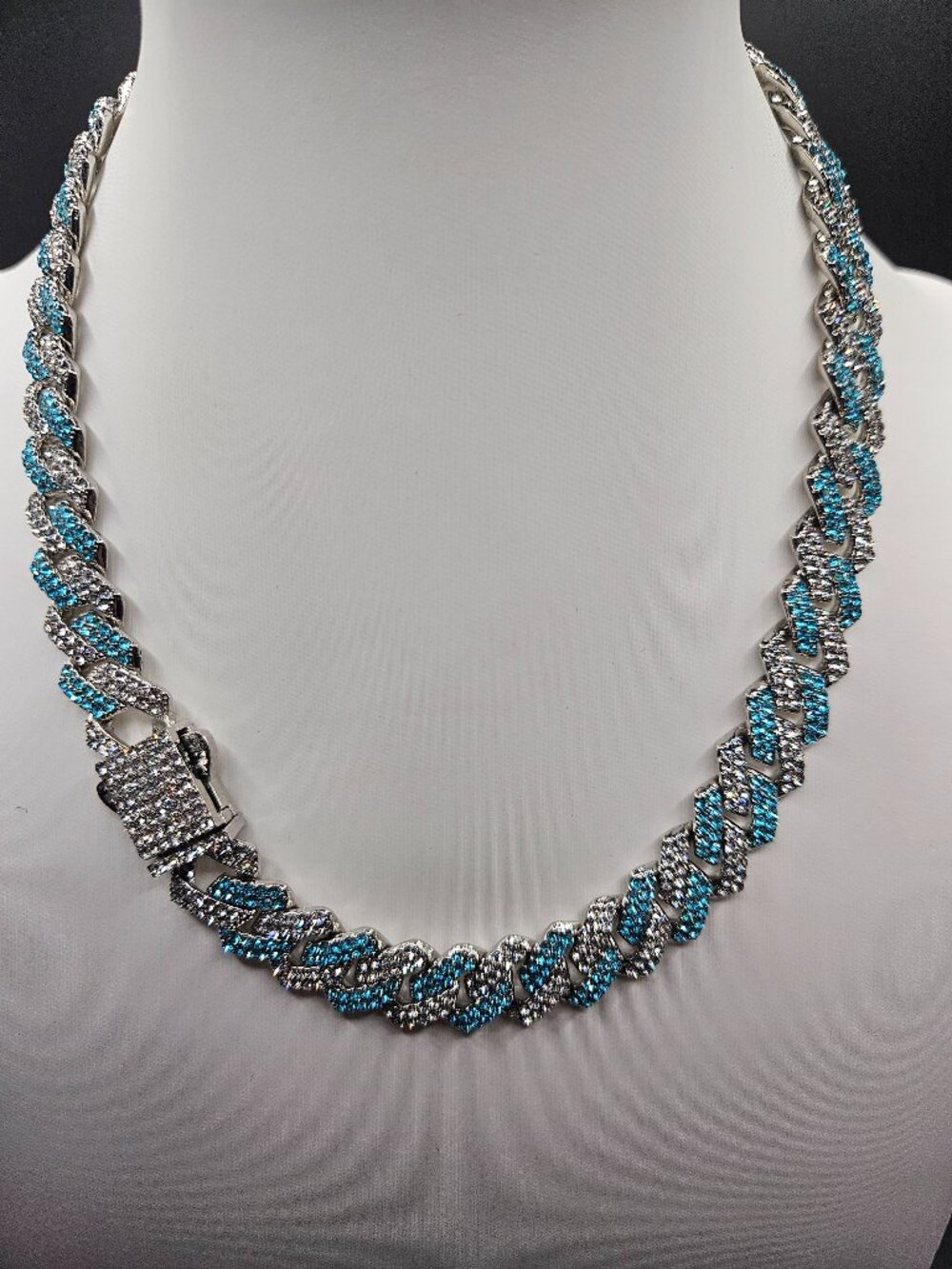 silver over stainless steel 13mm two tone blue 5A CZ cuban link chain 16.5in